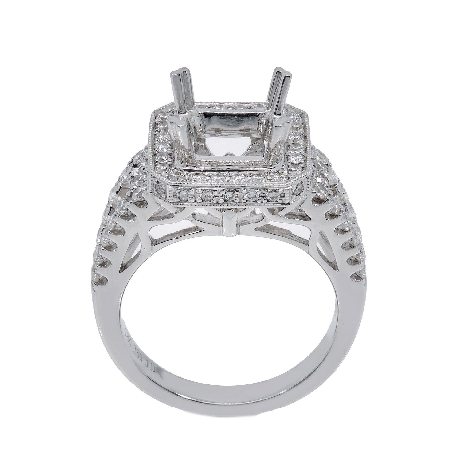 18K White Gold Rectangular Diamond Semi-Mount Ring
