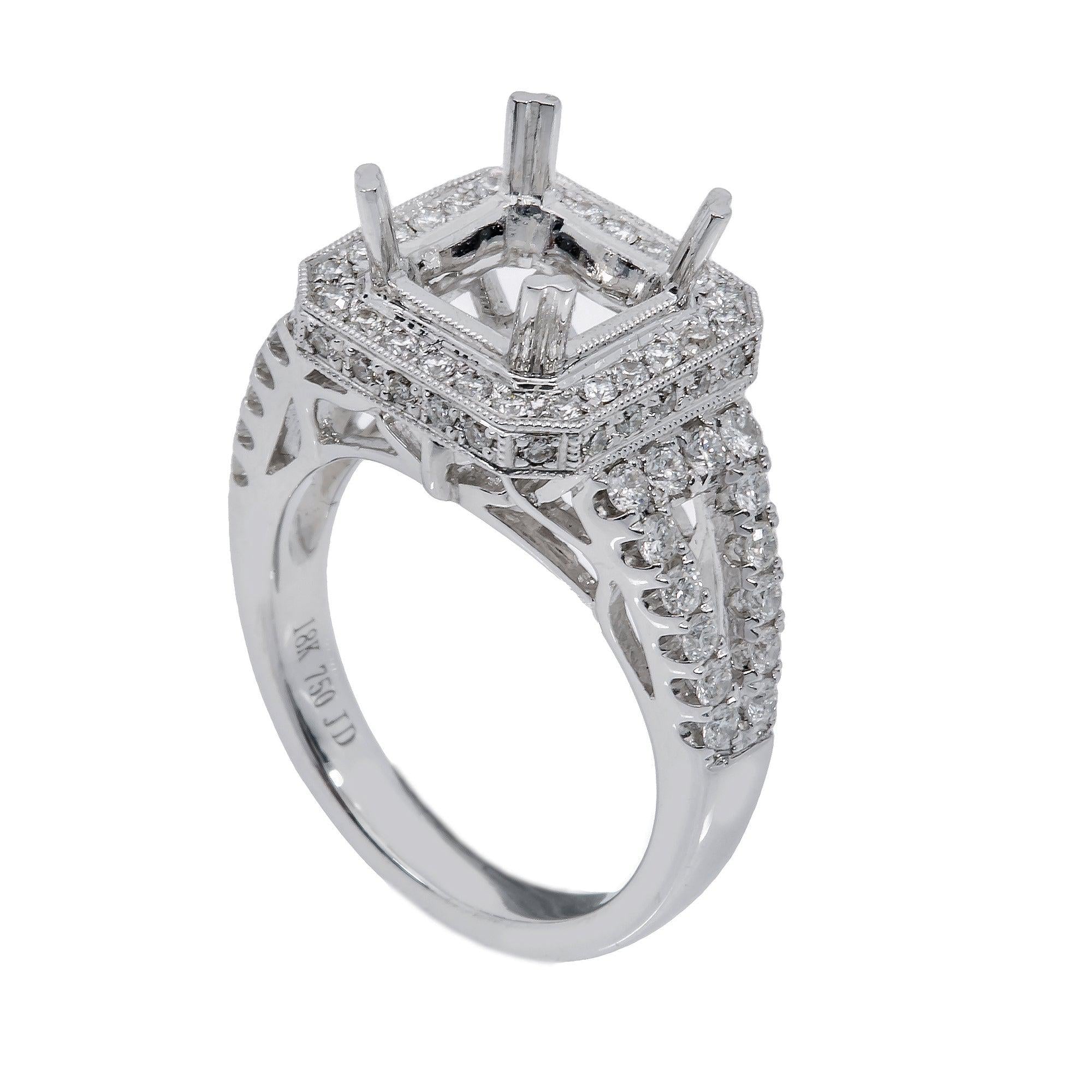 18K White Gold Rectangular Diamond Semi-Mount Ring