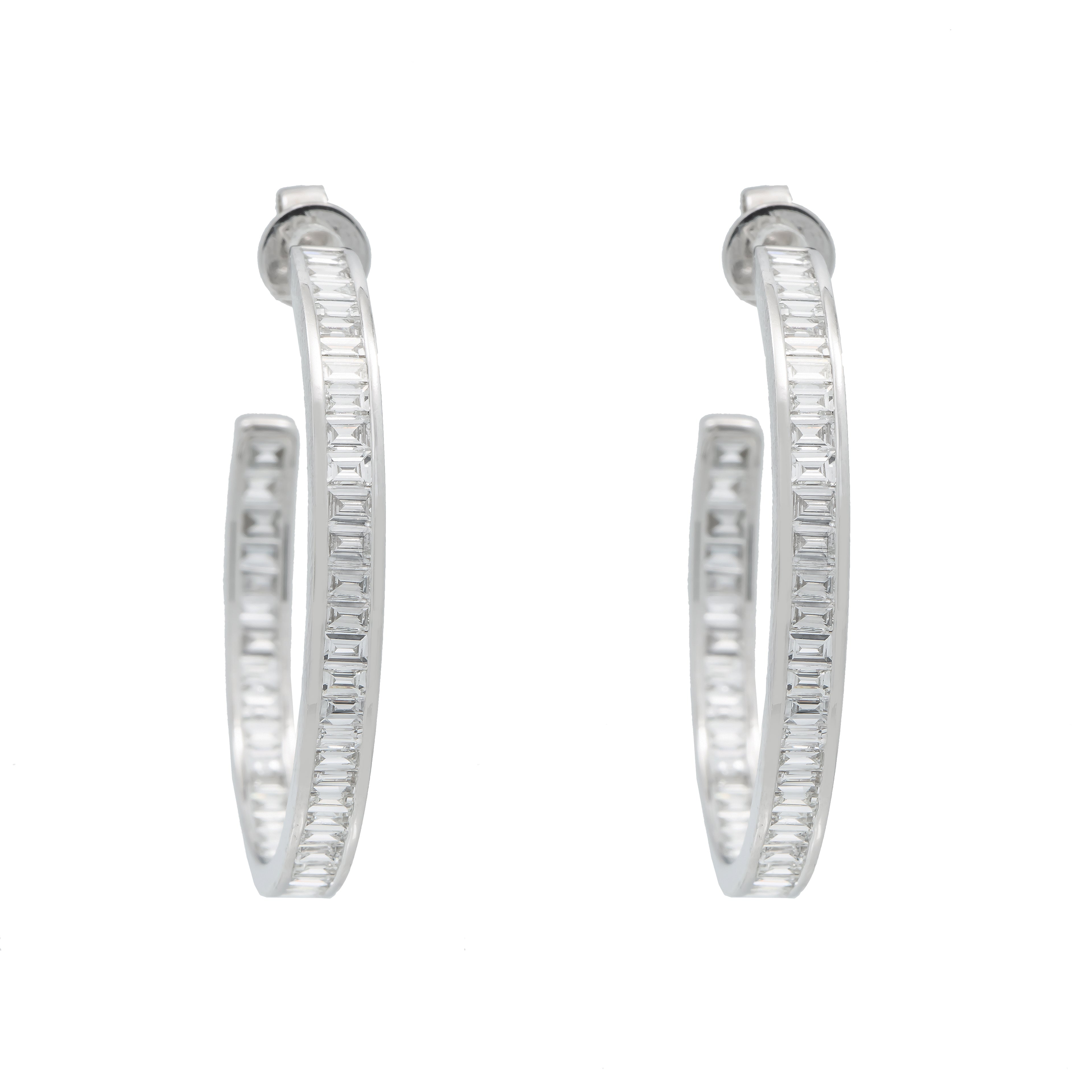 18K GOLD  BAGUETTE  LAB DIAMOND HOOP EARRINGS 2.97 CTW