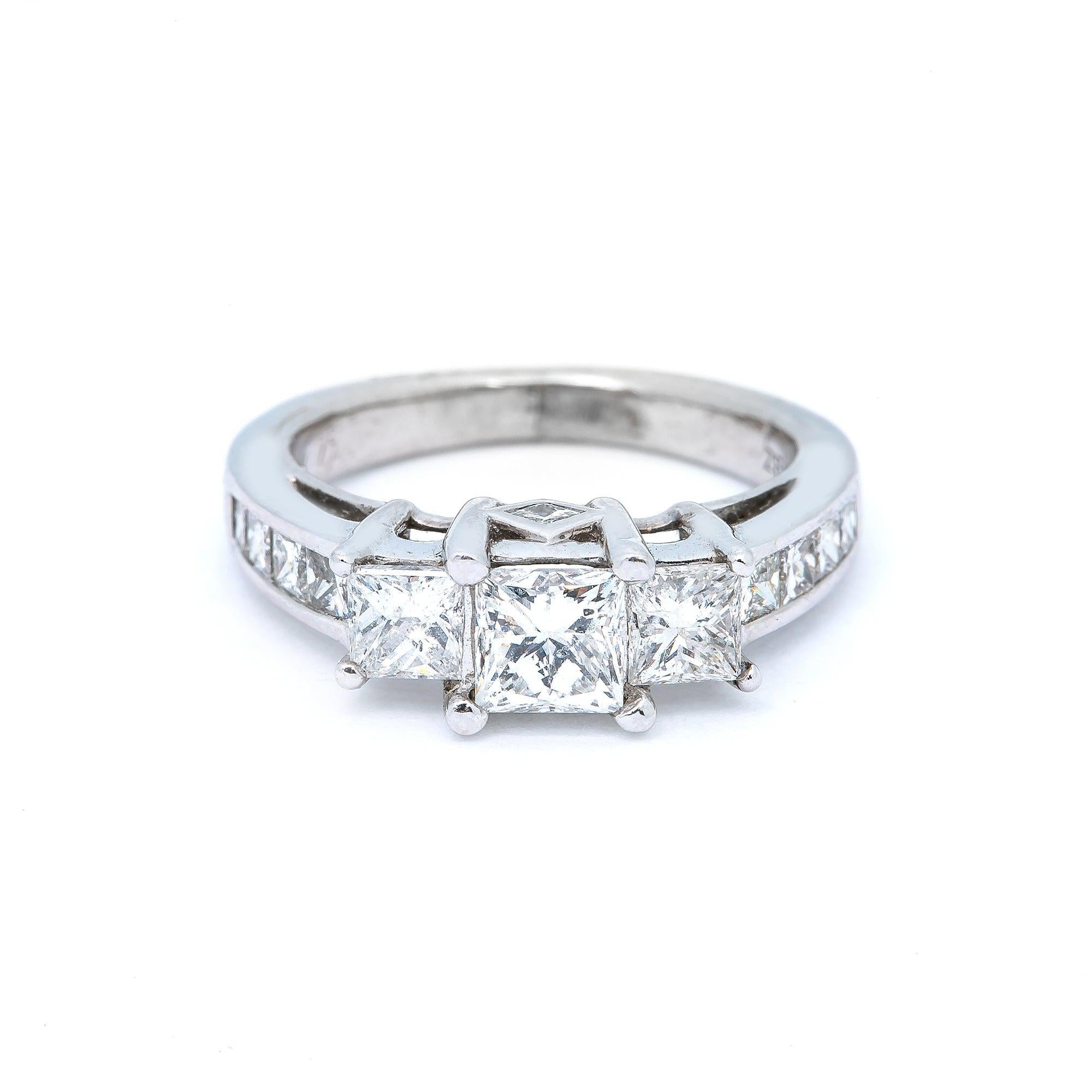 14K WHITE GOLD 3 STONE DIAMOND ENGAGEMENT RING 2.01 CT