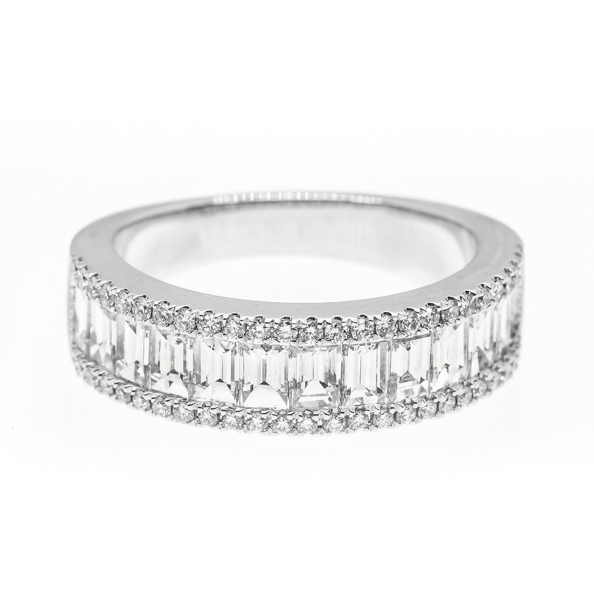 14K White Gold Ring with 1.95 CT  Baguette and Round Diamonds