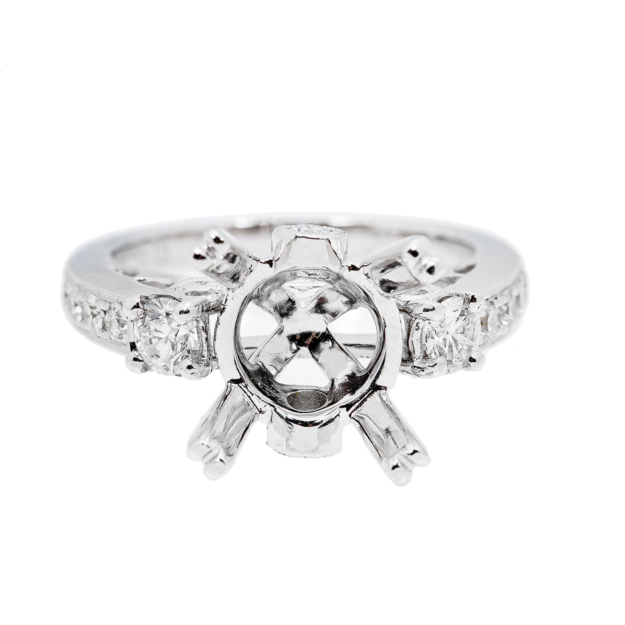 18K WHITE GOLD DIAMOND SEMI MOUNT RING FOR ROUND CUT CENTER STONE