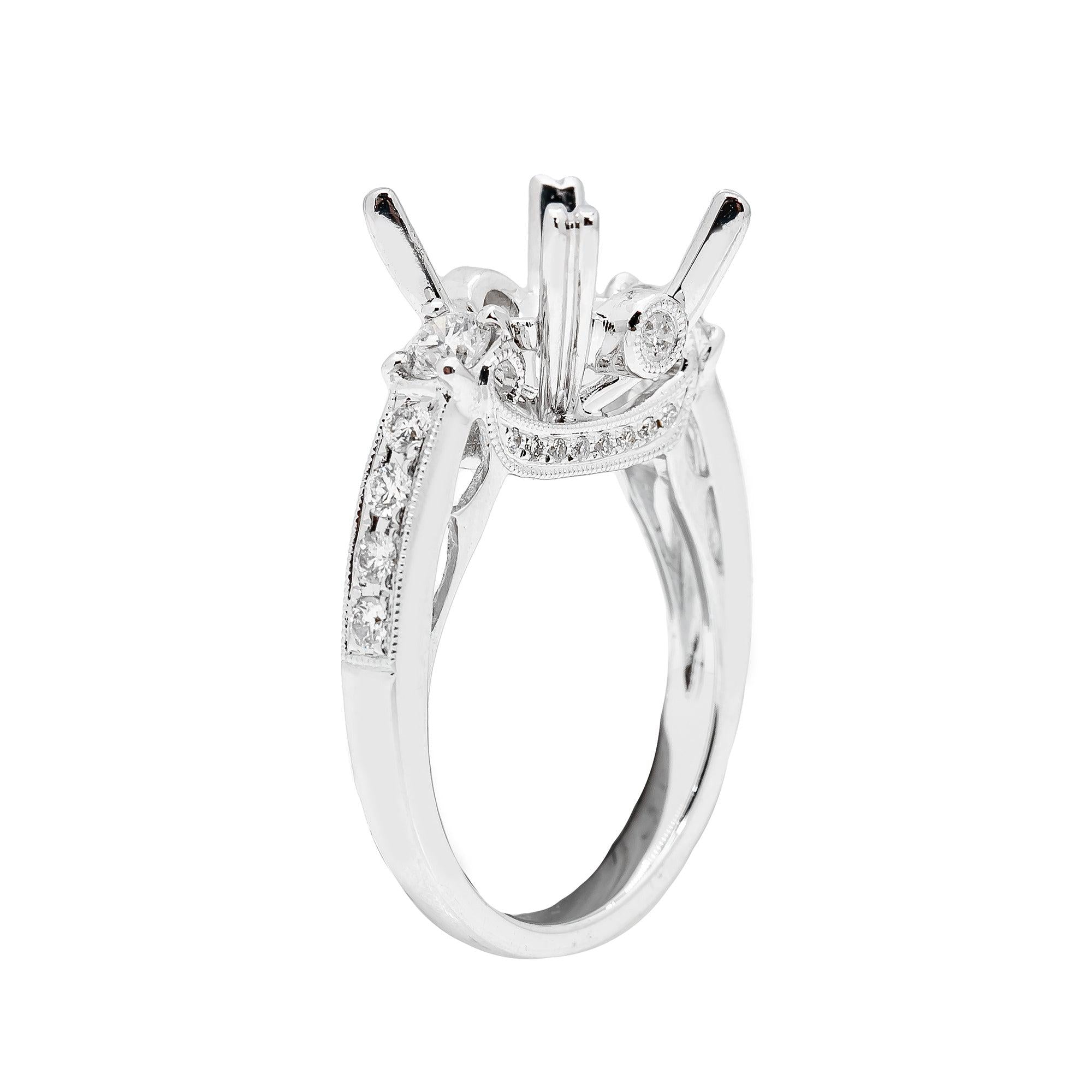 18K WHITE GOLD DIAMOND SEMI MOUNT RING FOR ROUND CUT CENTER STONE