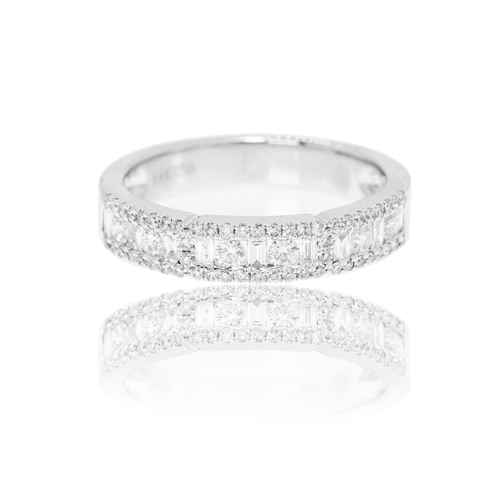 18K White Gold Ring with 0.64 CT Baguette And Round Diamonds