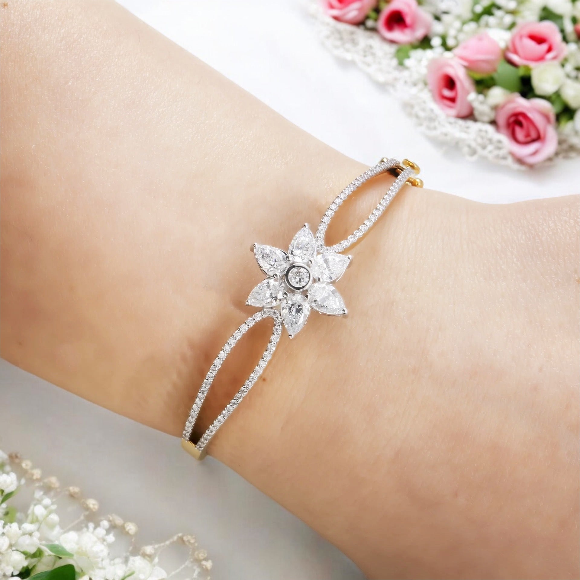 14K GOLD PEAR AND ROUND CUT LAB DIAMOND FLOWER BANGLE BRACELET 3.91 CT