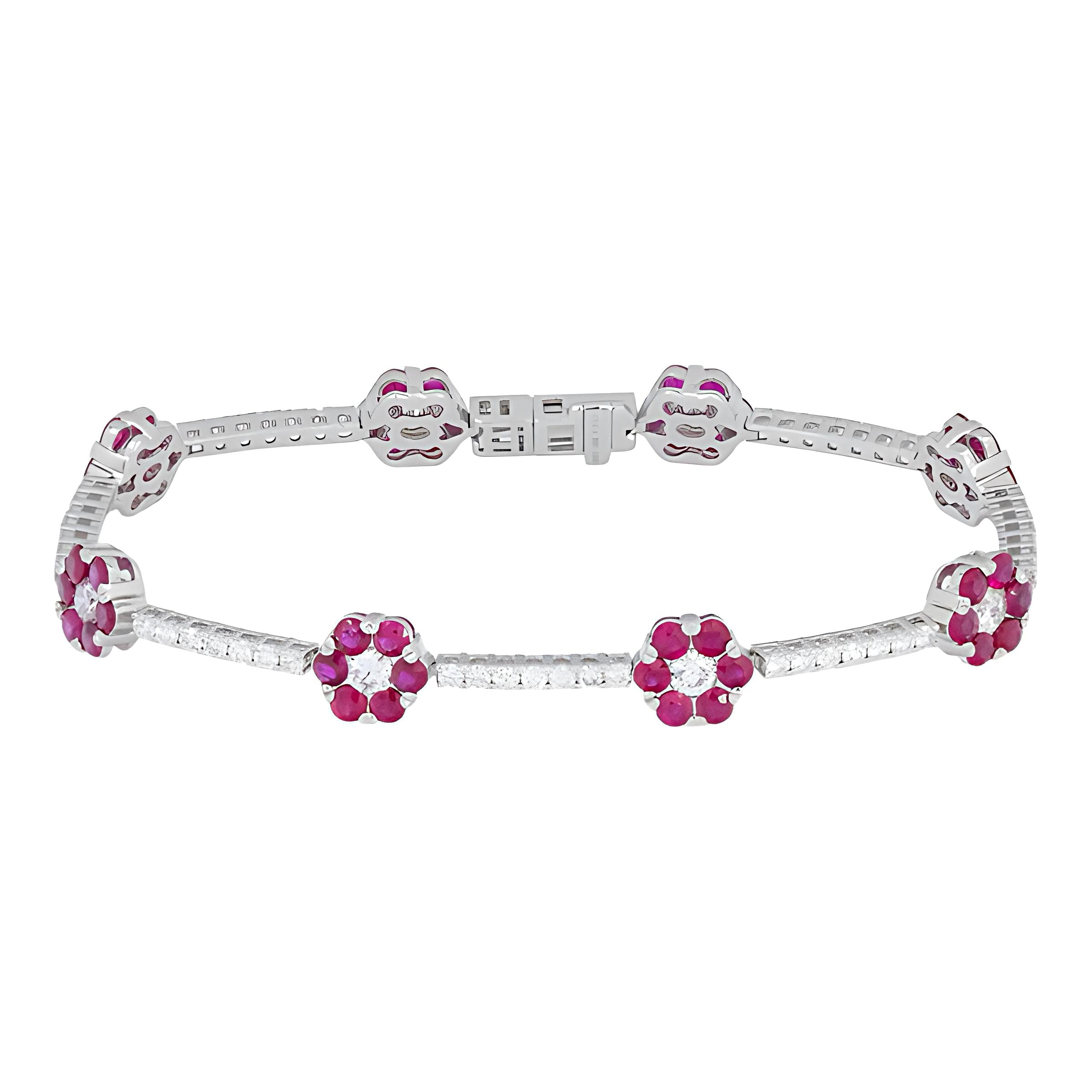 18K GOLD ROUND DIAMOND AND RUBY GEMSTONE FLOWER TENNIS BRACELET 7.15 CTW