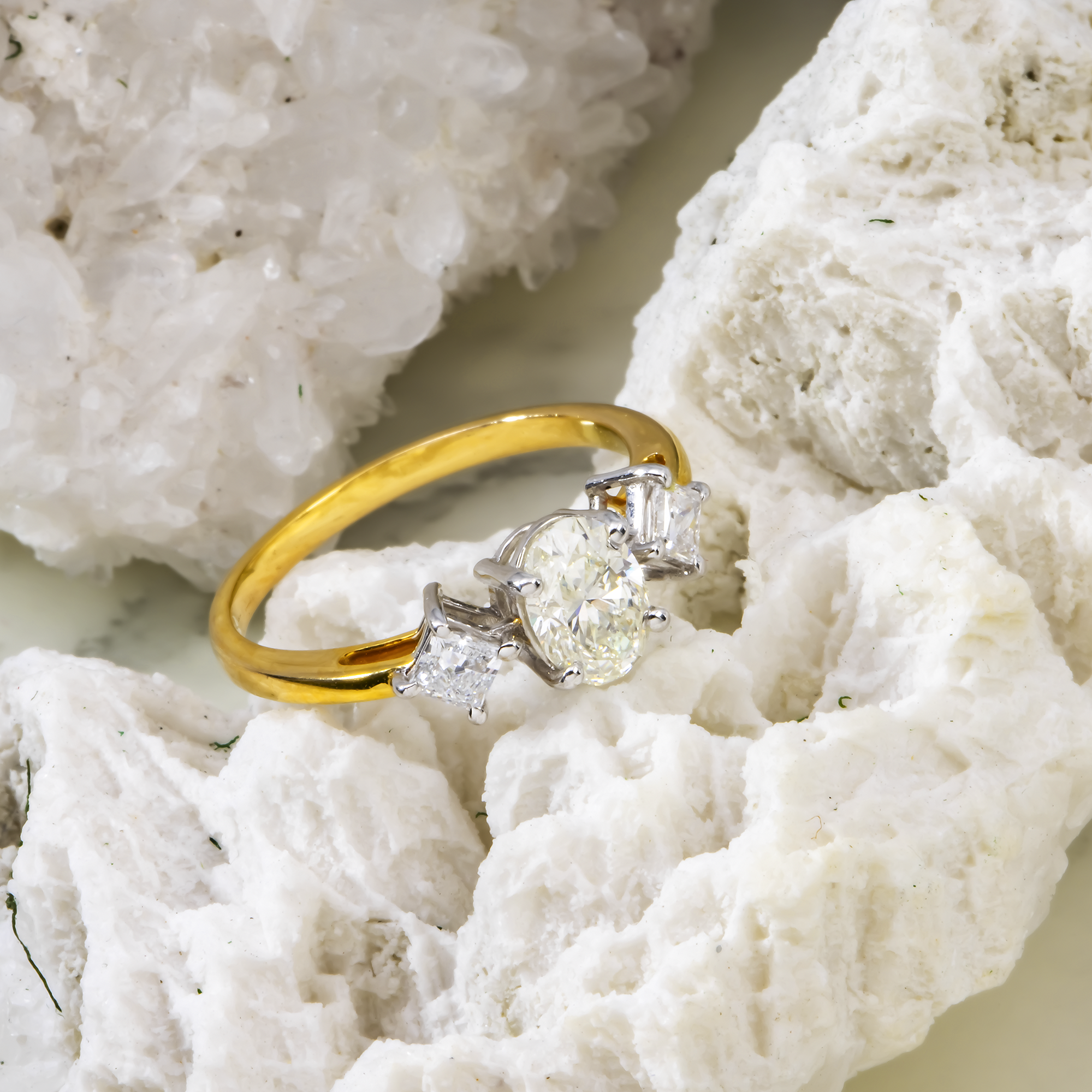 14K GOLD OVAL AND PRINCESS CUT LAB DIAMOND THREE STONE ENGAGEMENT RING 1.14 CTW