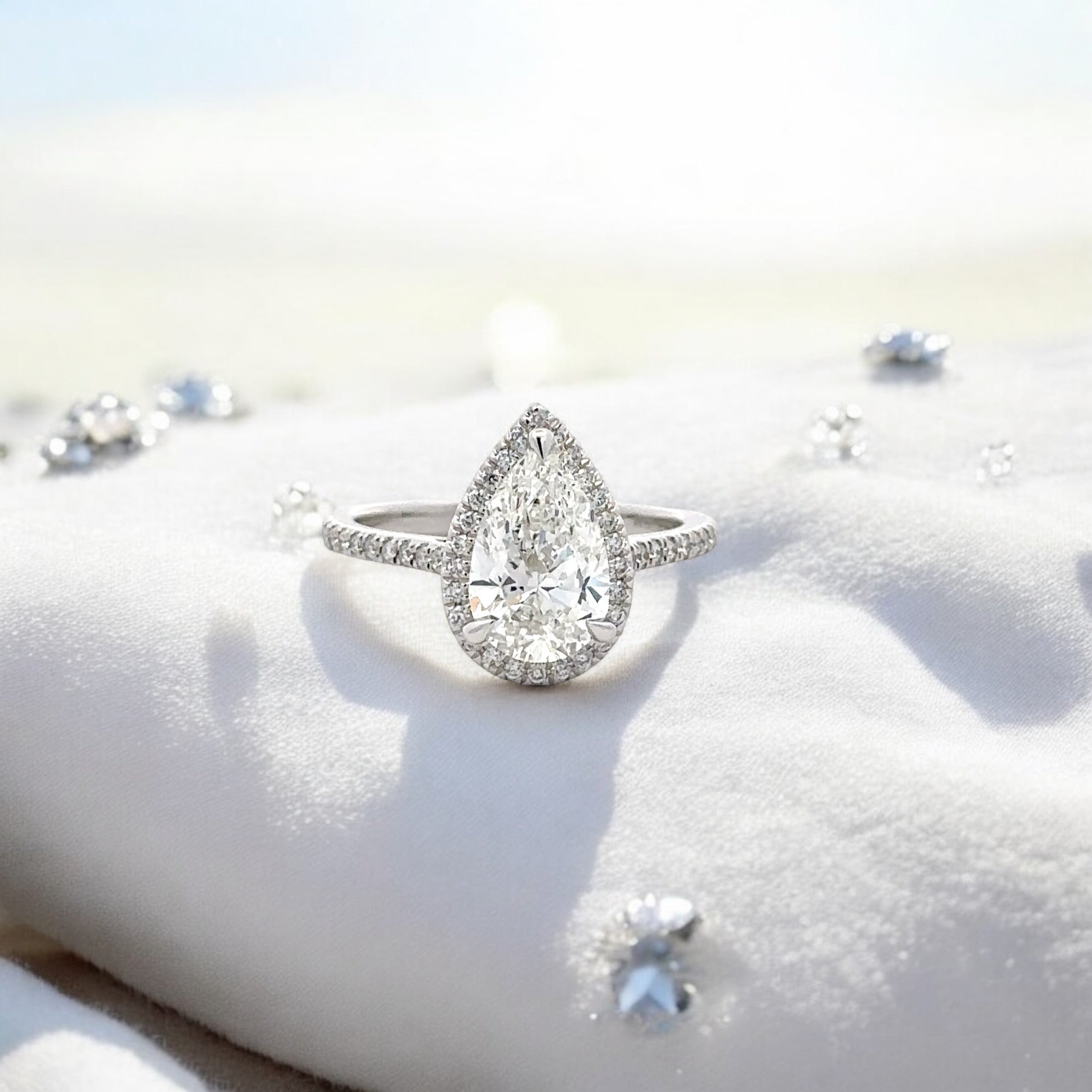 14K GOLD PEAR CUT CERTIFIED LAB DIAMOND ENGAGEMENT RING WITH DIAMOND HALO AND BAND 2.30 CARAT