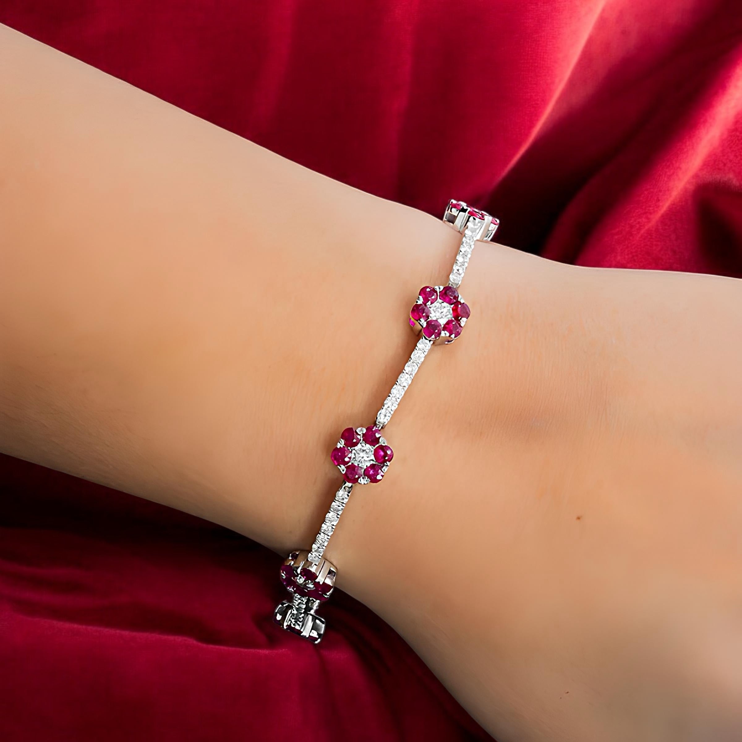18K GOLD ROUND DIAMOND AND RUBY GEMSTONE FLOWER TENNIS BRACELET 7.15 CTW