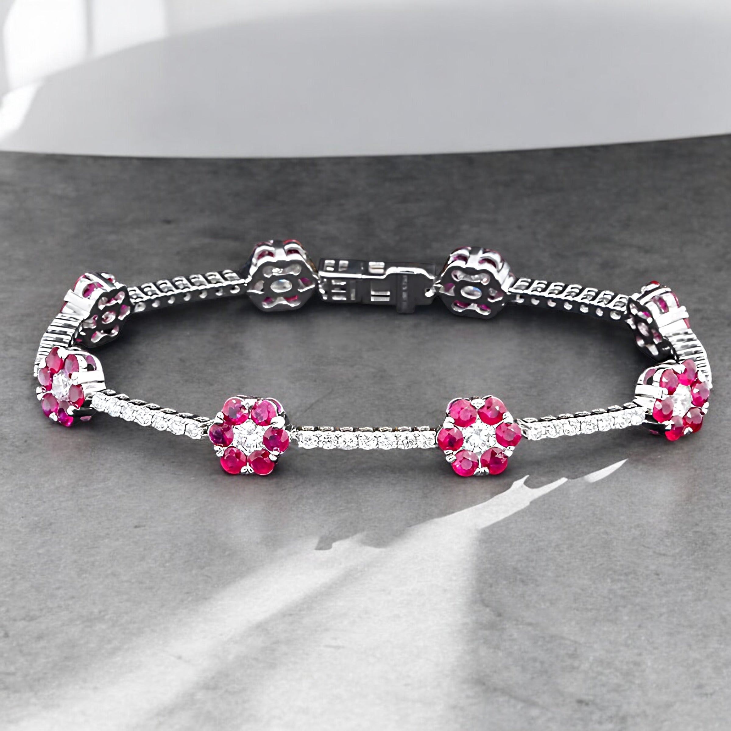 18K GOLD ROUND DIAMOND AND RUBY GEMSTONE FLOWER TENNIS BRACELET 7.15 CTW