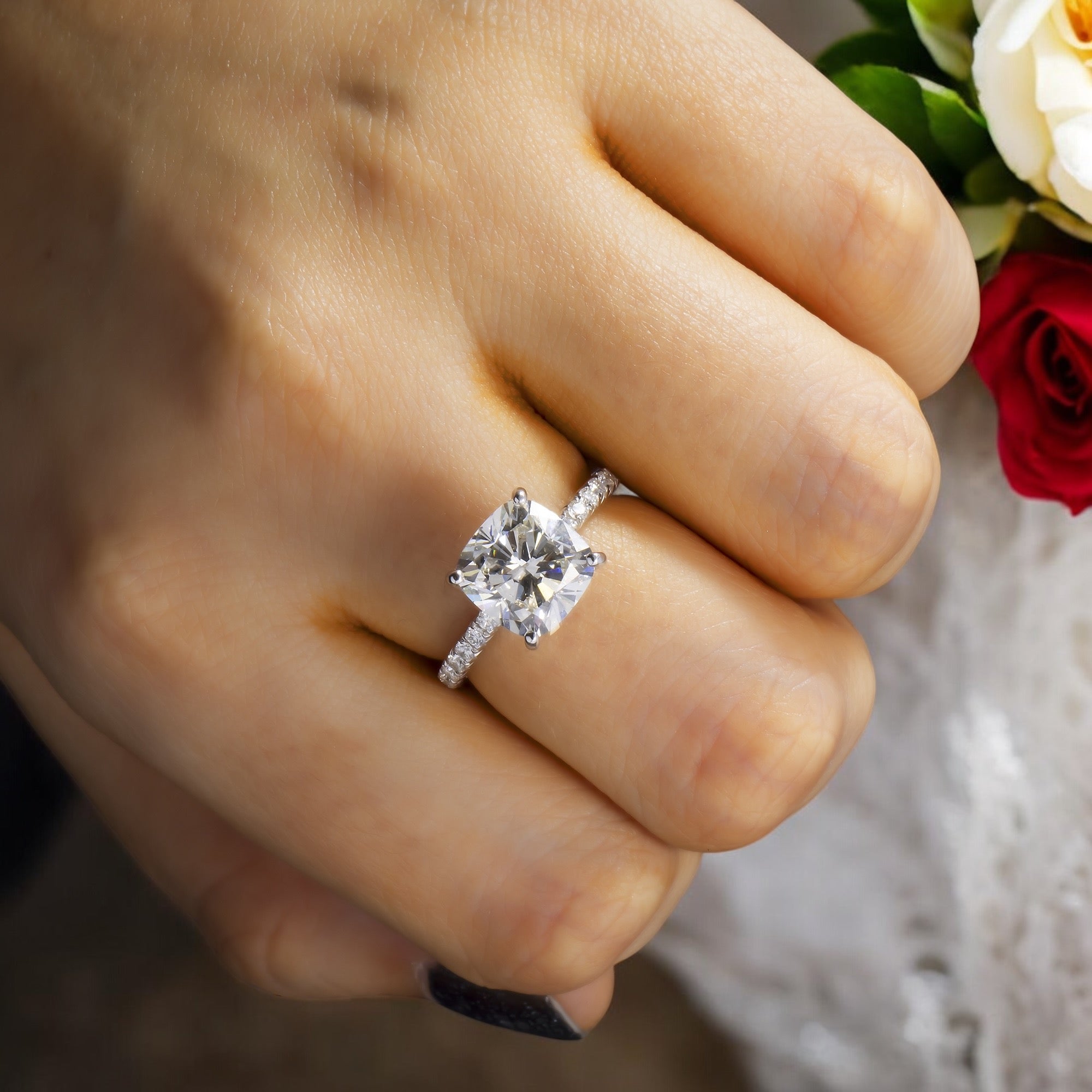 18K GOLD CUSHION CUT LAB DIAMOND ENGAGEMENT RING 3.93 CTW