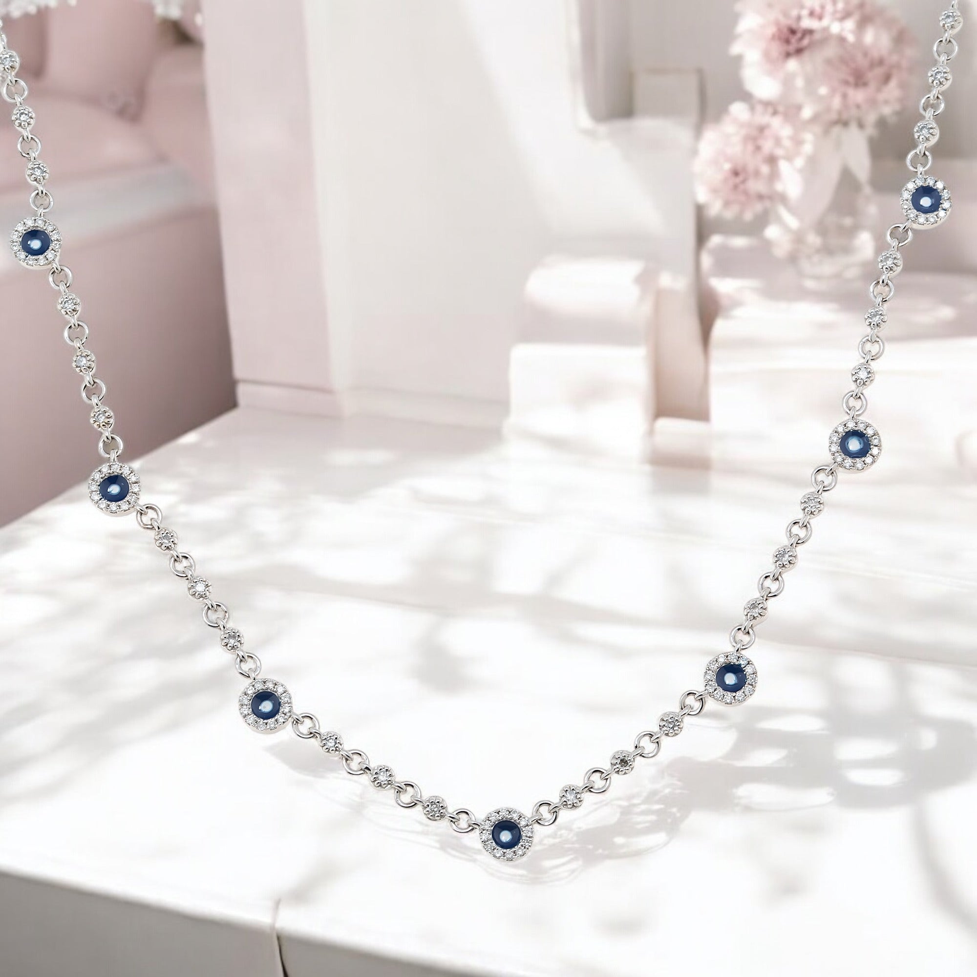 14K GOLD DIAMOND EVIL EYE WITH BLUE SAPPHIRE NECKLACE 0.60 CTW