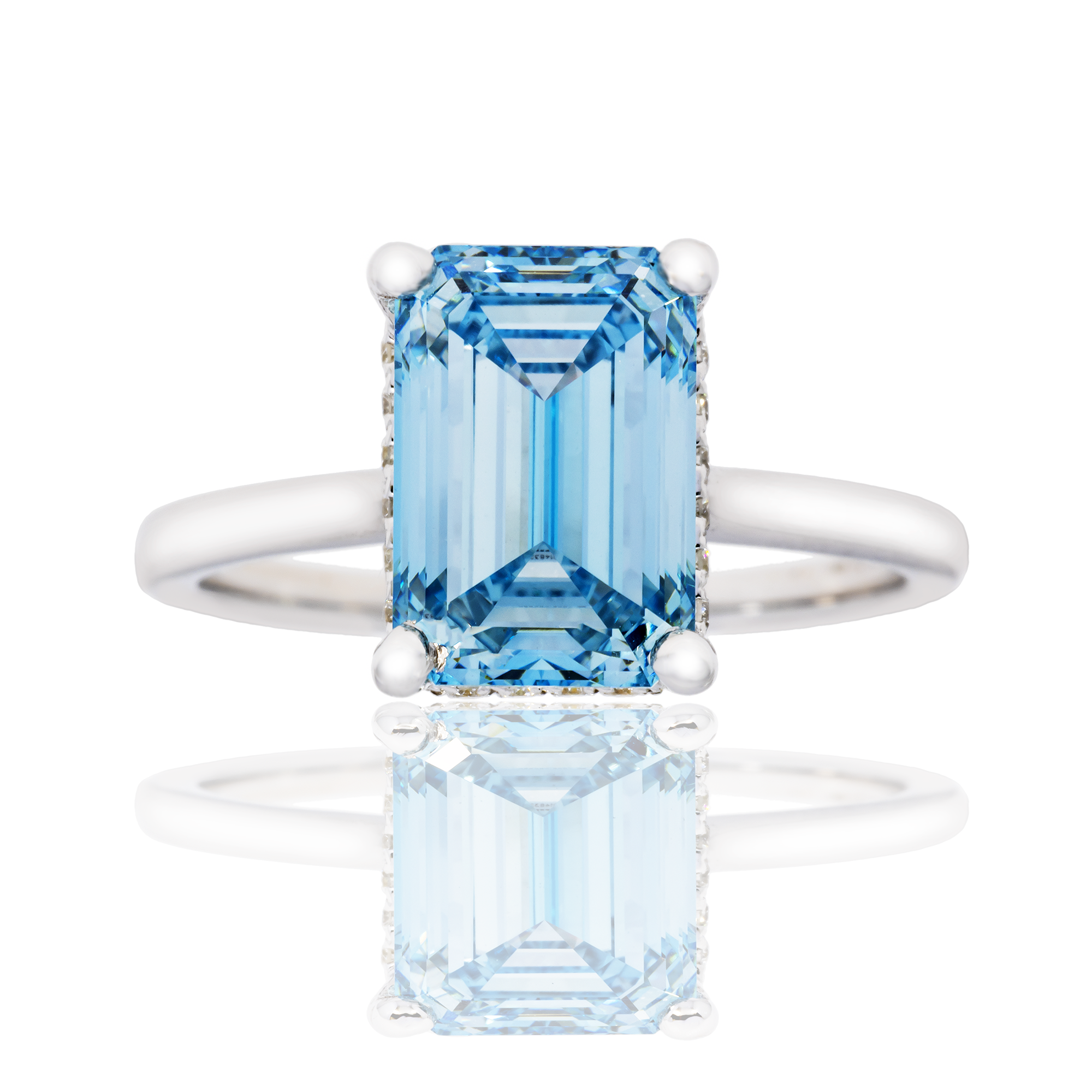 18K GOLD BLUE EMERALD AND ROUND DIAMOND HALO ENGAGEMENT RING 0.16 CT