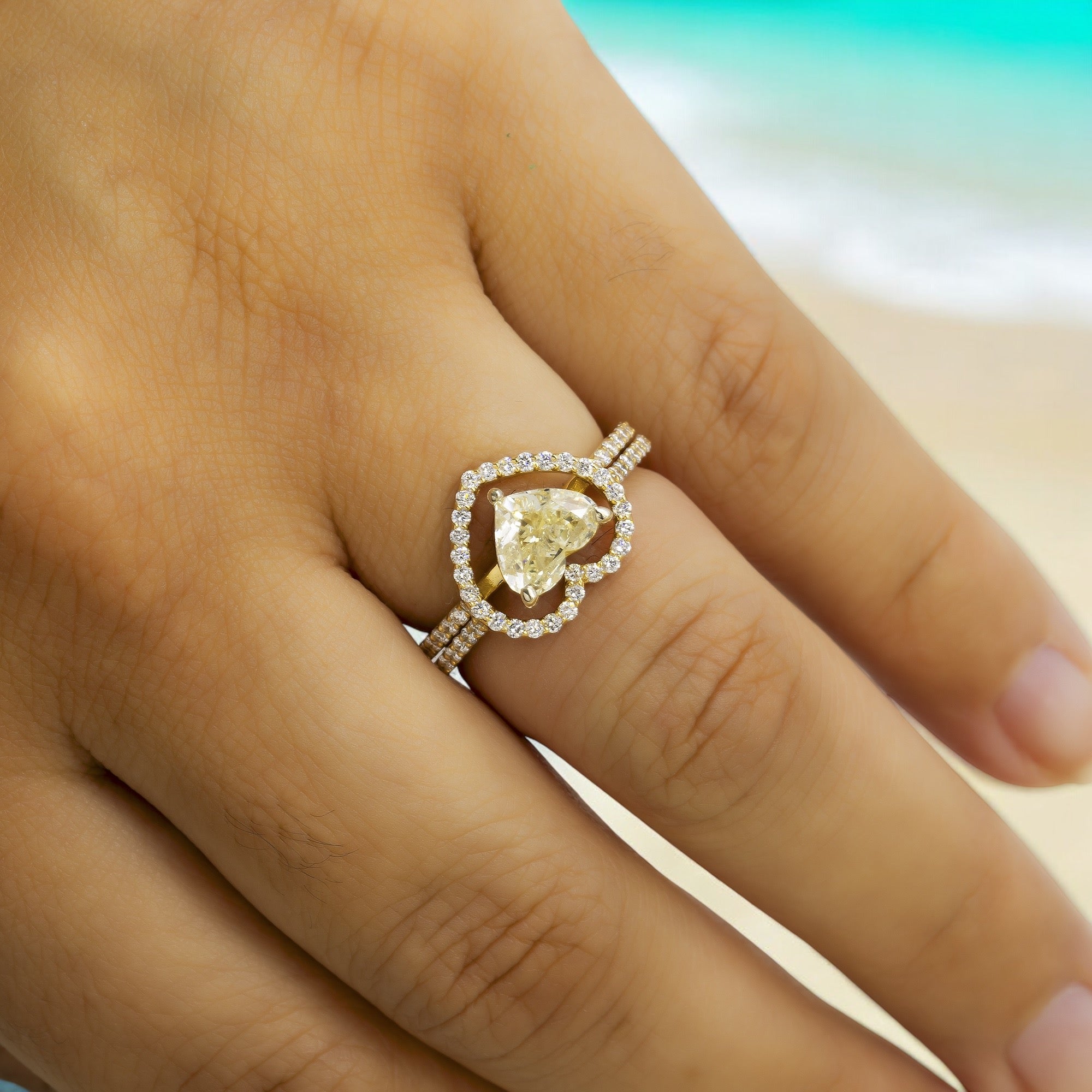 14K GOLD HEART HALO YELLOW DIAMOND CLUSTER BRIDAL SET 1.51 CTW