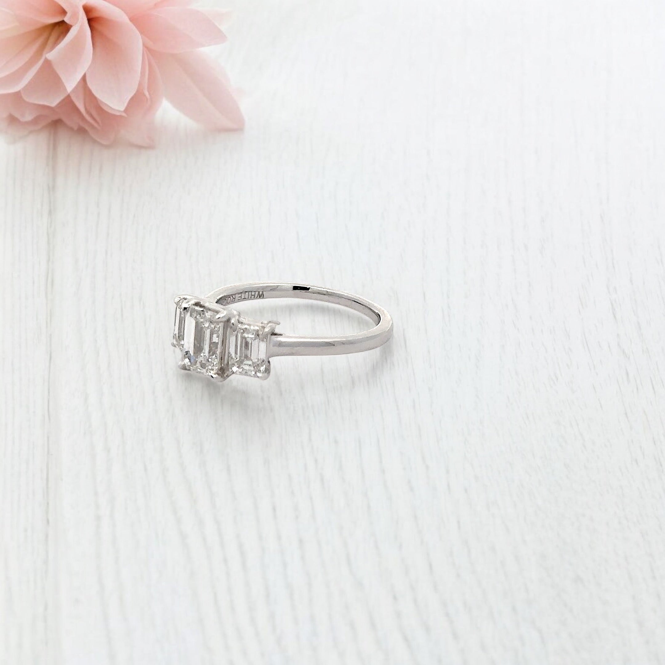 14K GOLD EMERALD CUT LAB DIAMOND THREE STONE ENGAGEMENT RING 2.00 CTW
