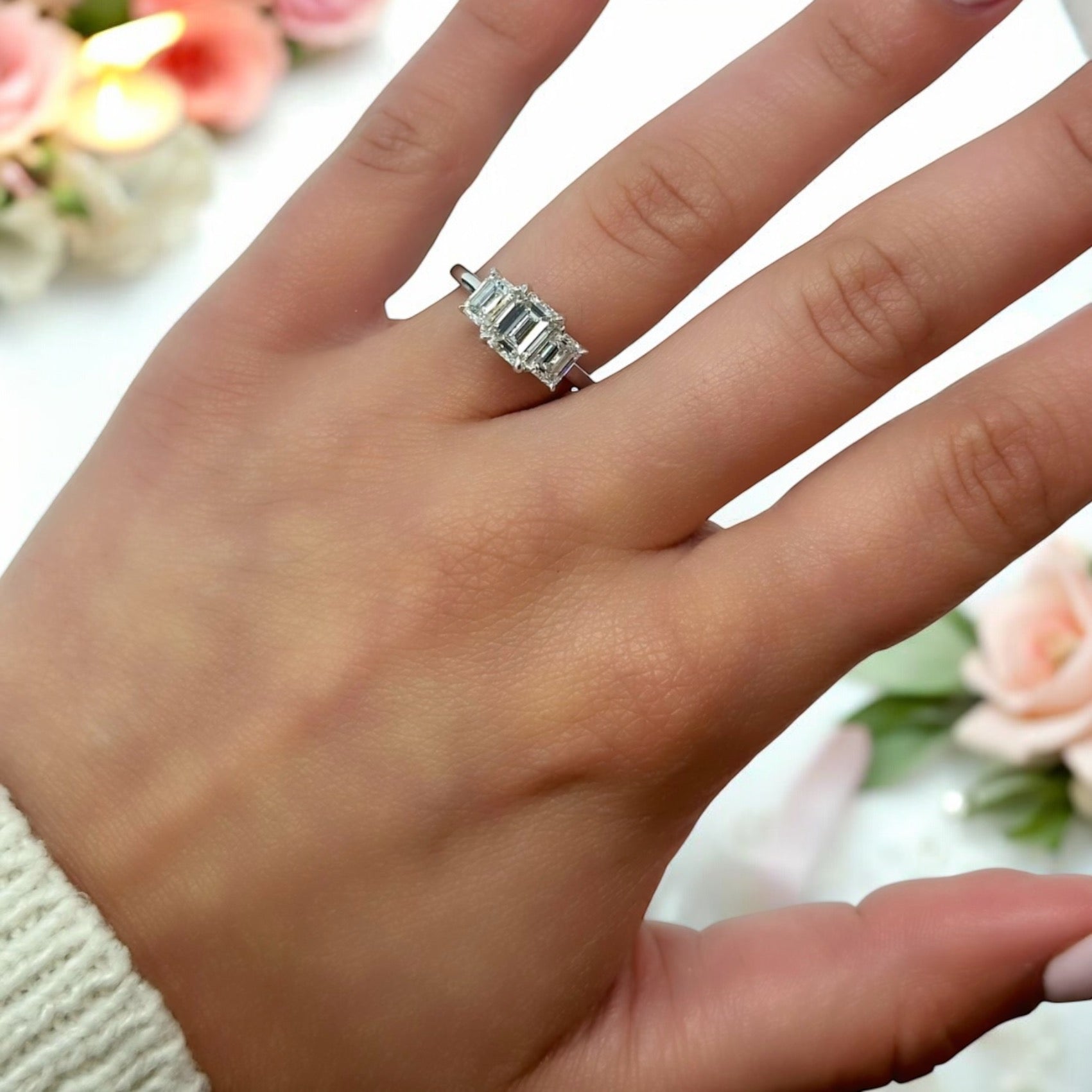 14K GOLD EMERALD CUT LAB DIAMOND THREE STONE ENGAGEMENT RING 2.00 CTW