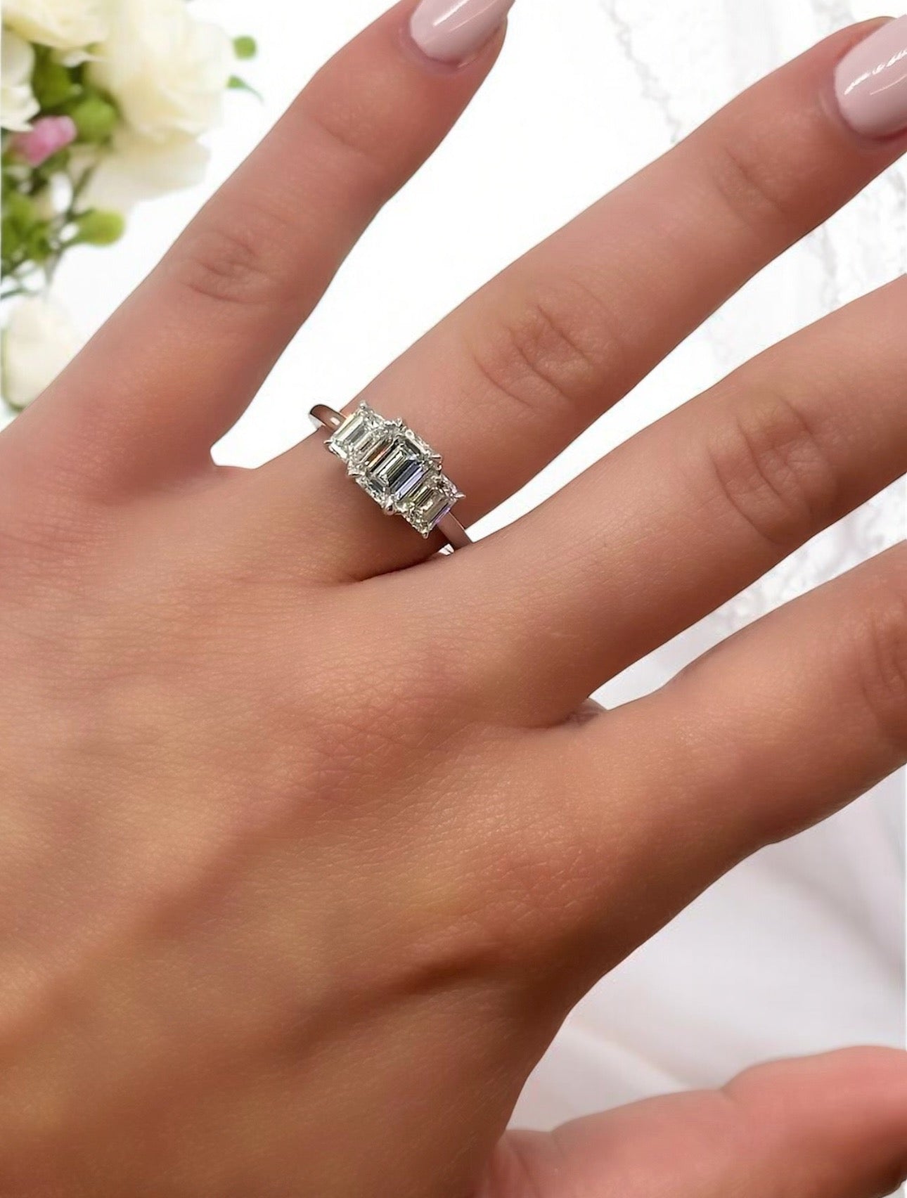 14K GOLD EMERALD CUT LAB DIAMOND THREE STONE ENGAGEMENT RING 2.00 CTW