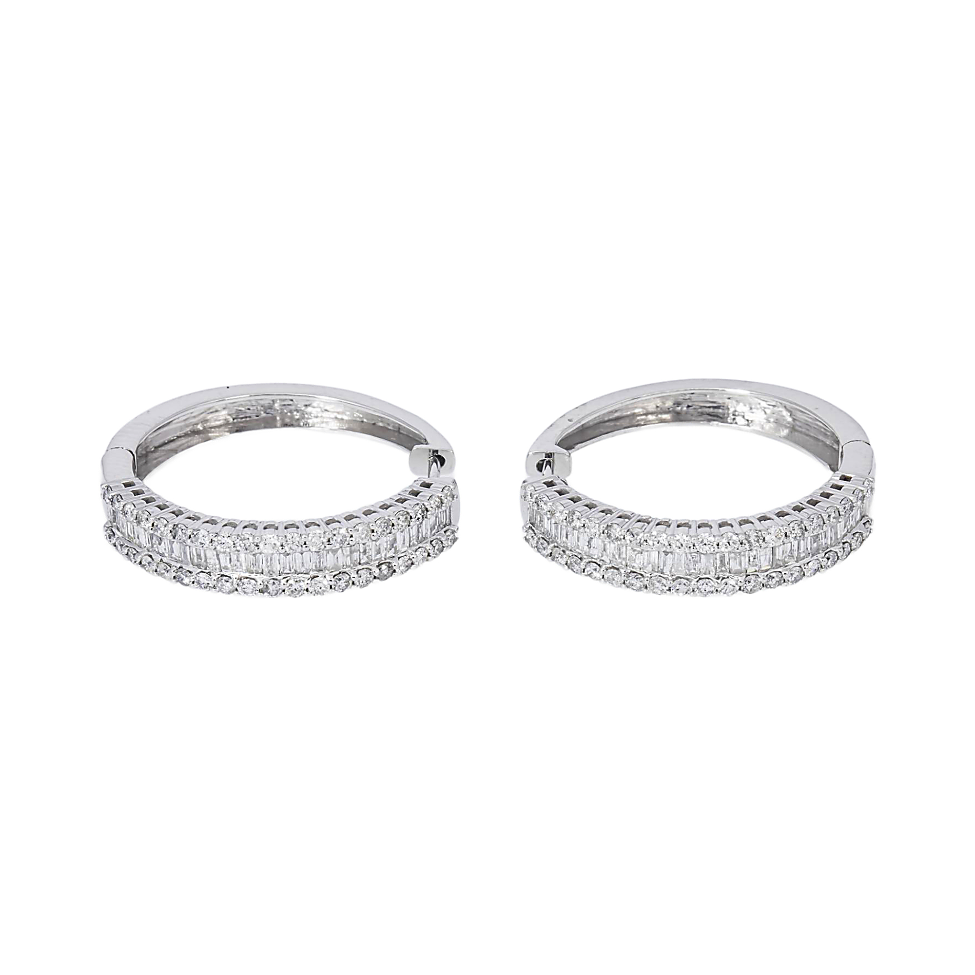 14K GOLD  BAGUETTE AND ROUND LAB DIAMOND HOOP EARRINGS 2.11 CTW