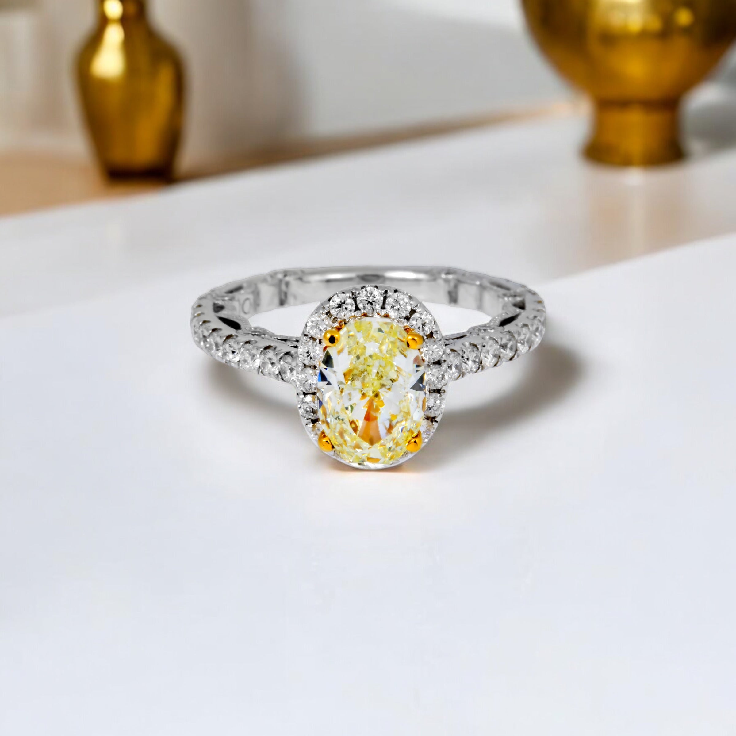 18K GOLD OVAL YELLOW LAB DIAMOND HALO ENGAGEMENT RING 2.99 CTW