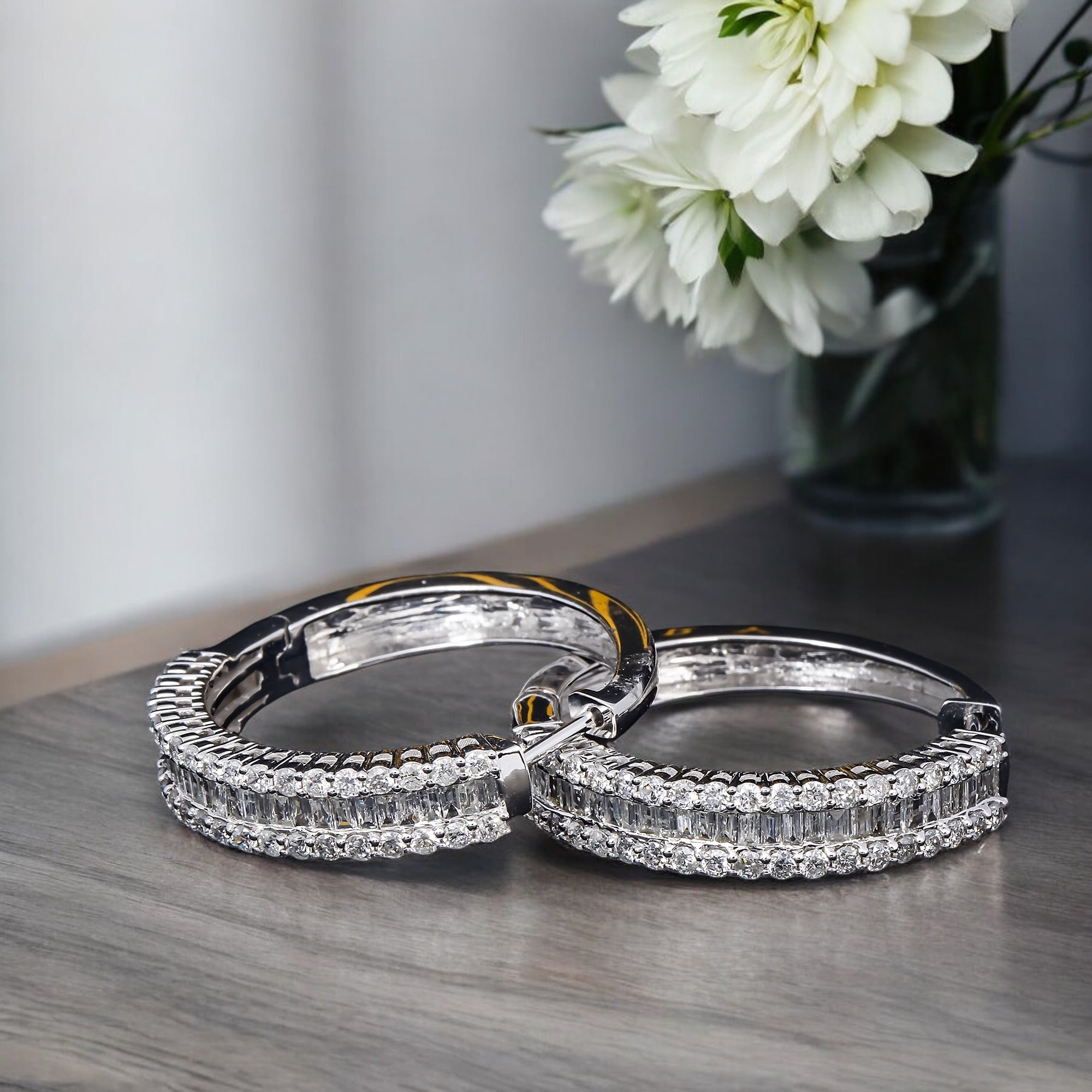 14K GOLD  BAGUETTE AND ROUND LAB DIAMOND HOOP EARRINGS 2.11 CTW