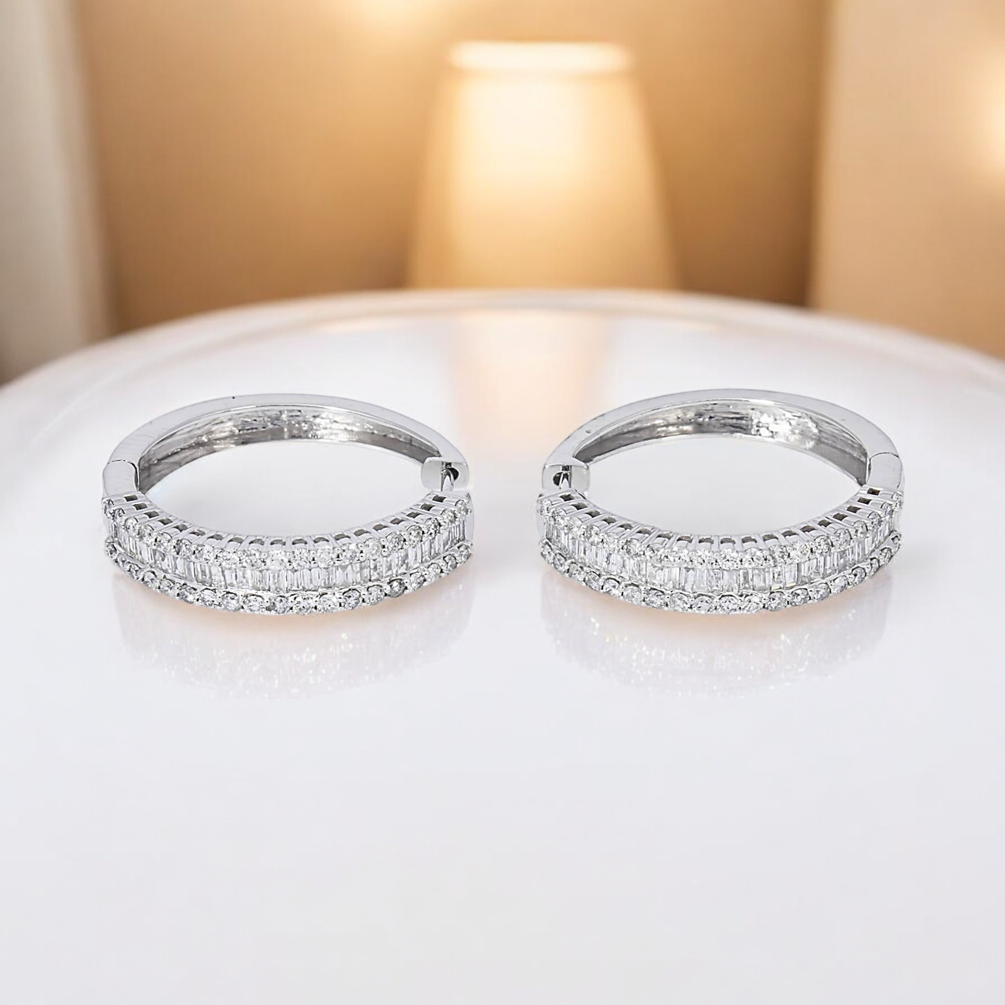 14K GOLD  BAGUETTE AND ROUND LAB DIAMOND HOOP EARRINGS 2.11 CTW
