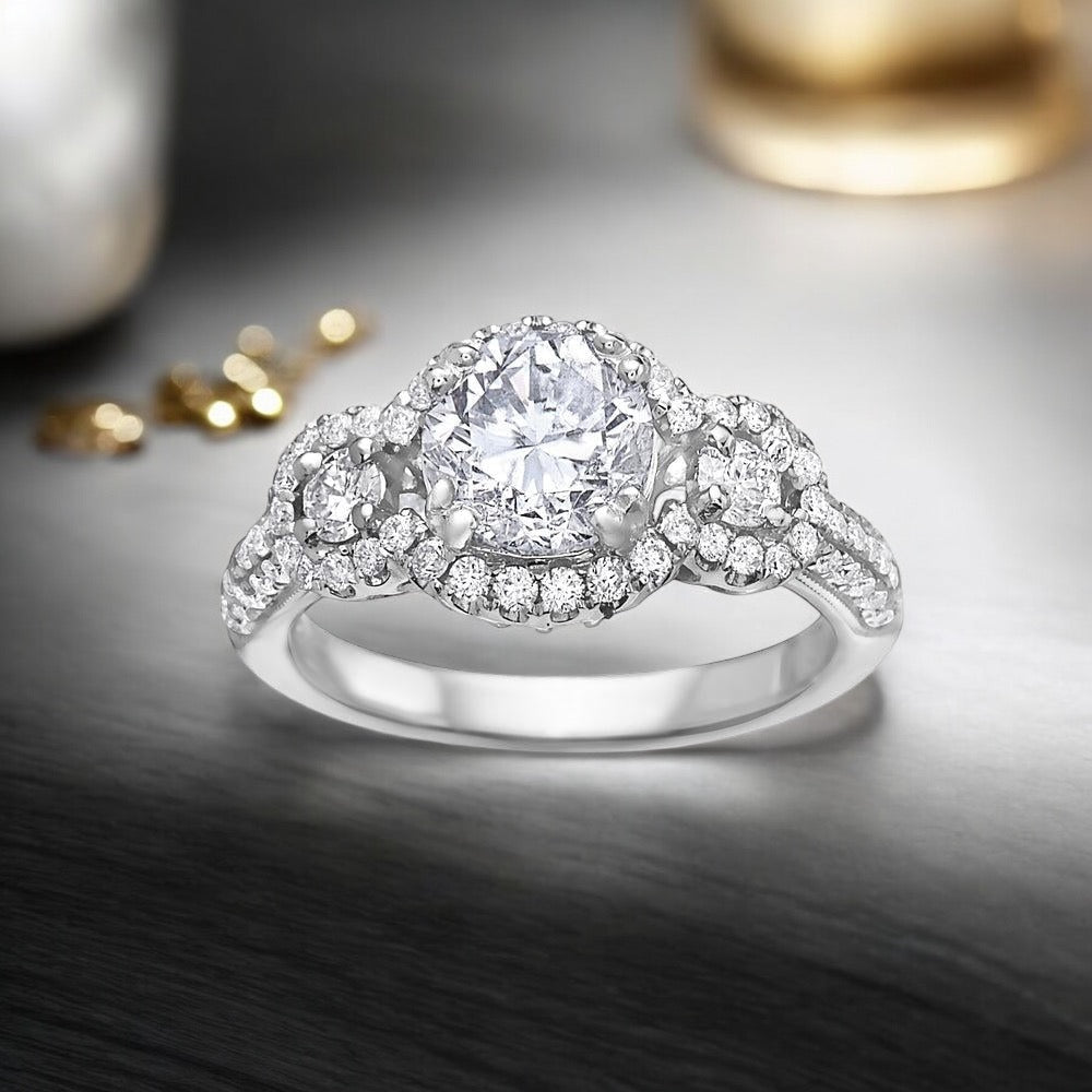 18k Gold 3 Stone Triple Halo 2.41 CWT Engagement Ring