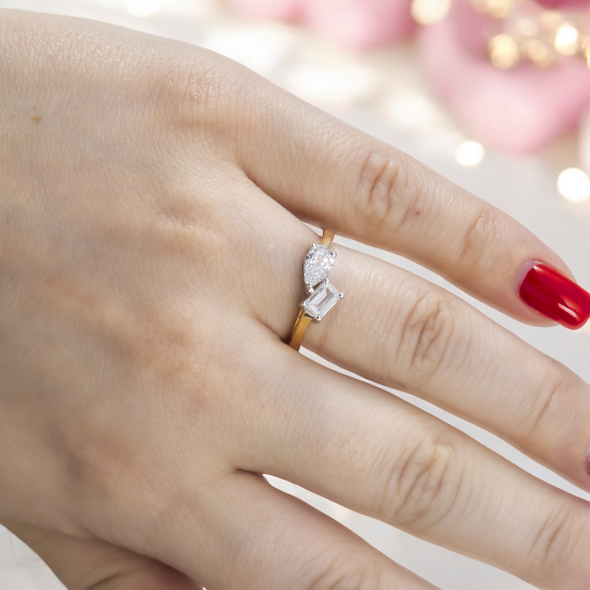 14K GOLD PEAR AND EMERALD CUT LAB DIAMOND ENGAGEMENT RING 1.02 CTW