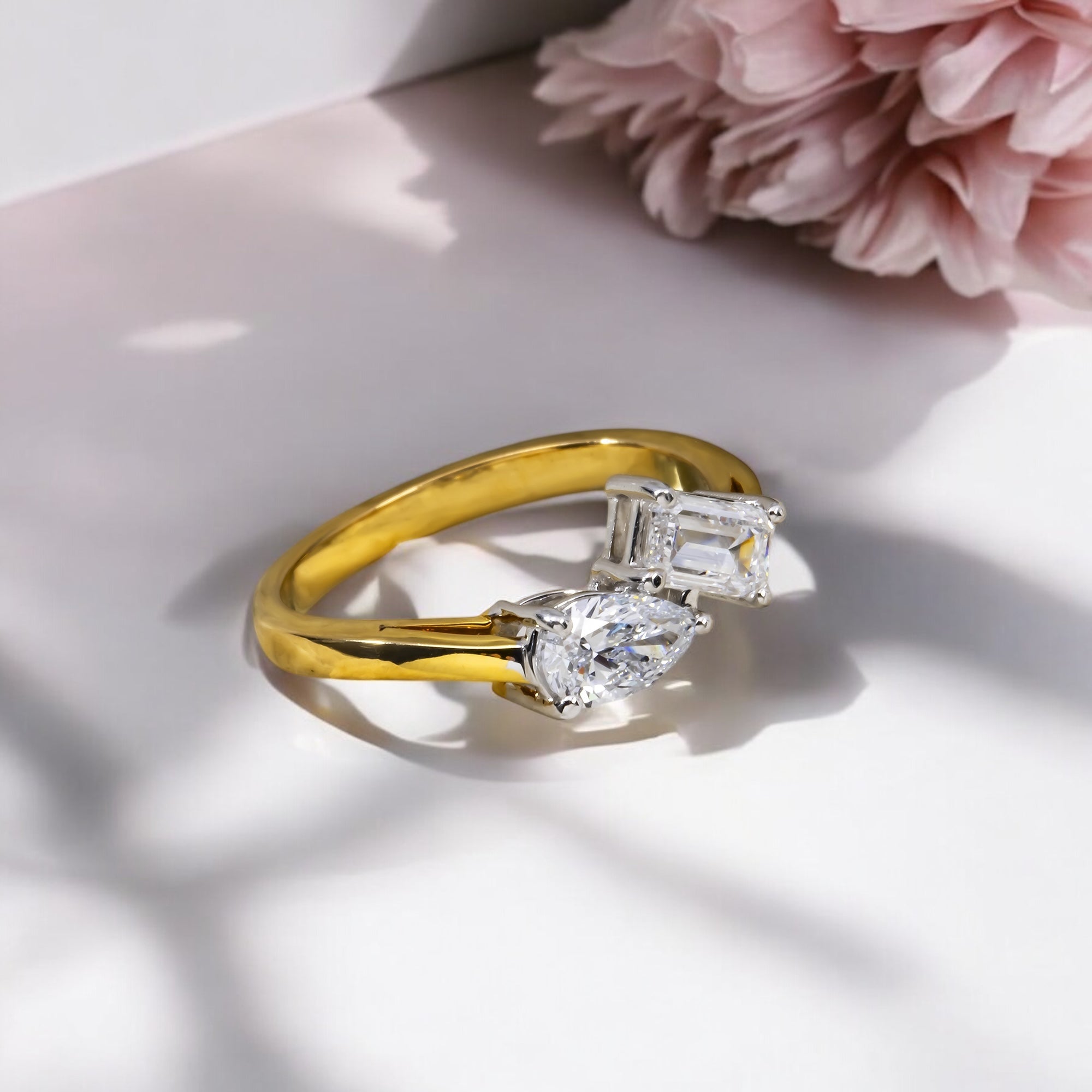 14K GOLD PEAR AND EMERALD CUT LAB DIAMOND ENGAGEMENT RING 1.02 CTW