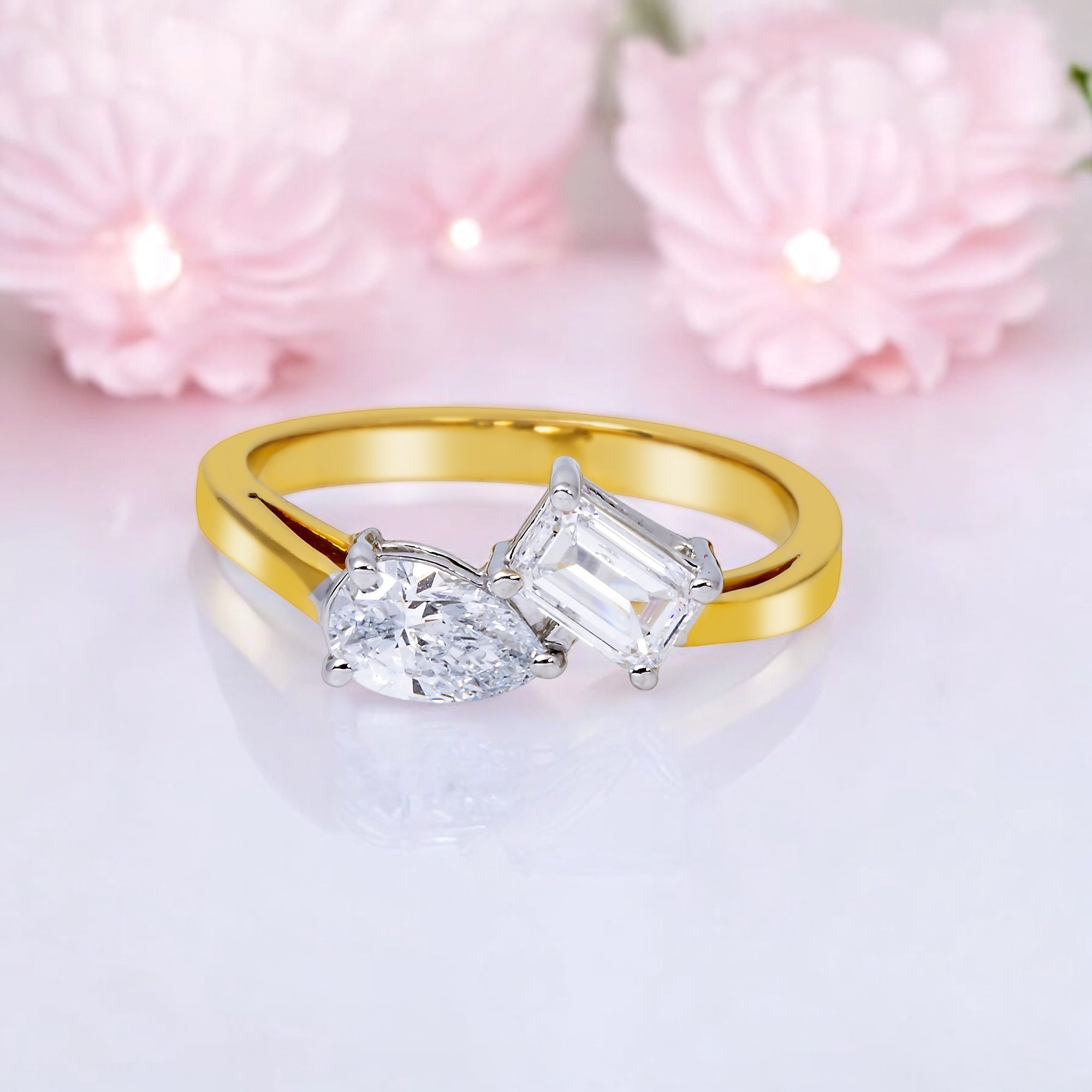 14K GOLD PEAR AND EMERALD CUT LAB DIAMOND ENGAGEMENT RING 1.02 CTW