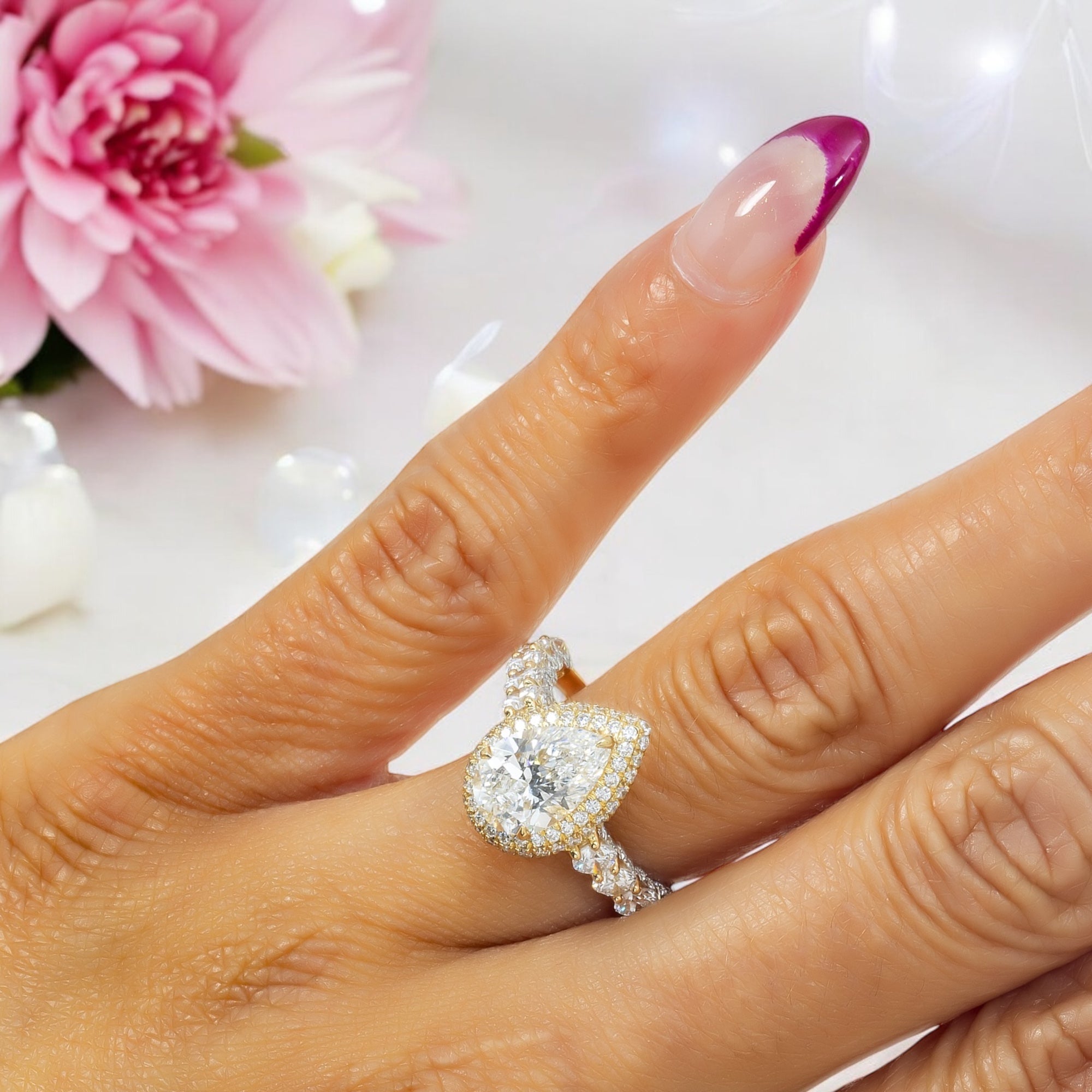 14K GOLD PEAR CUT HALO LAB DIAMOND ENGAGEMENT RING 4.00 CTW