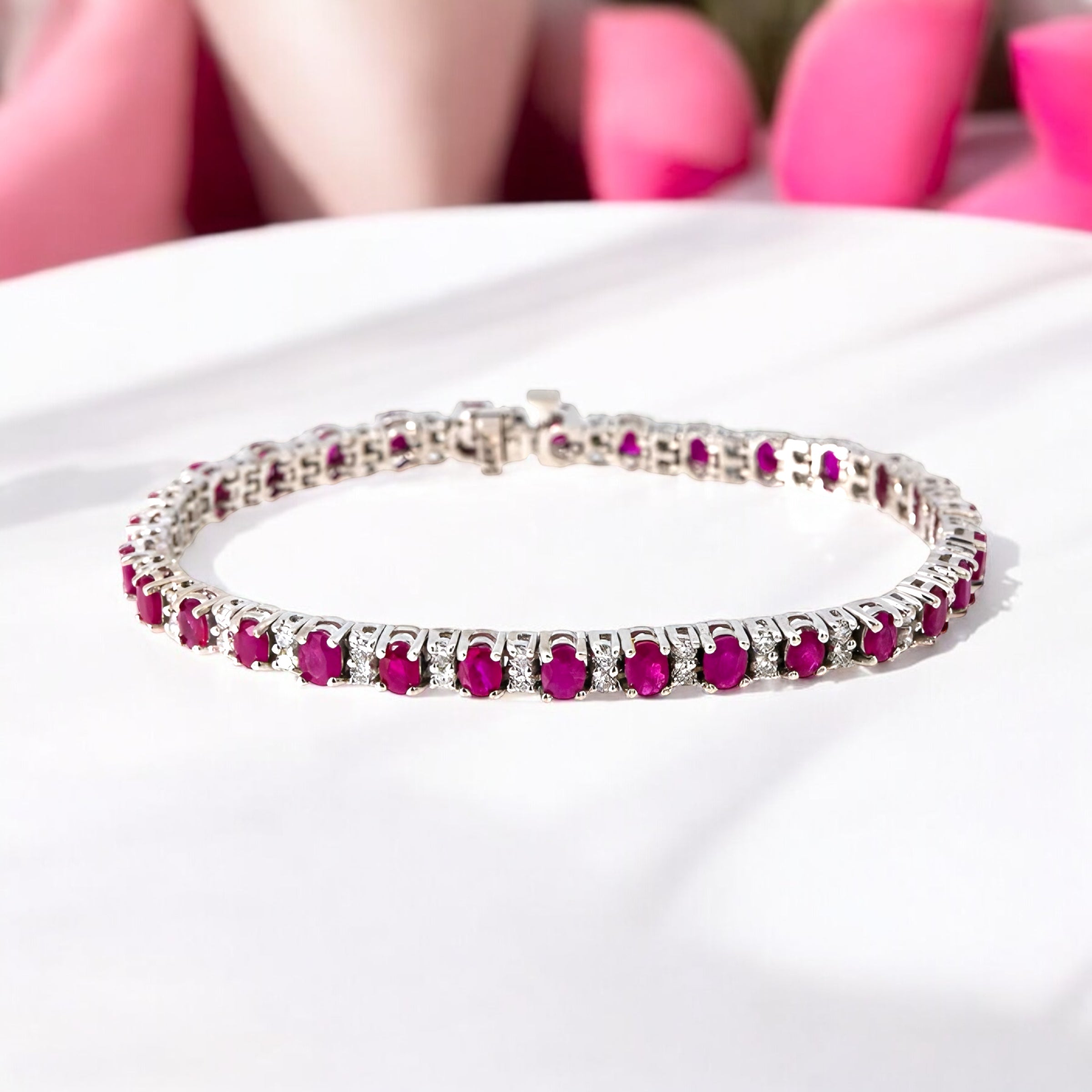 14K White Gold Gemstone Bracelet With 1.55 CT Diamonds And 6.28 CT Rubies