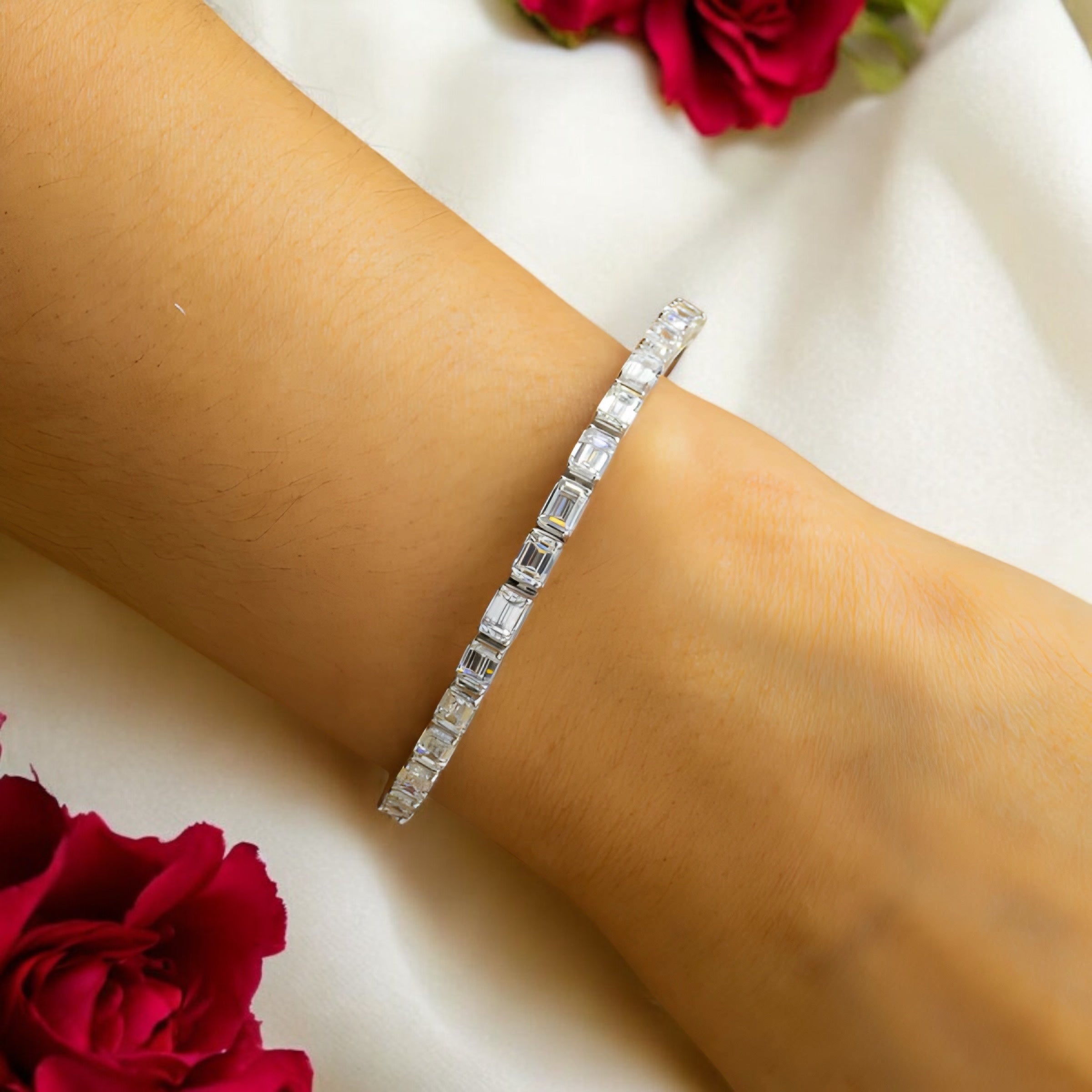 14K GOLD EMERALD CUT LAB DIAMOND TENNIS BRACELET 15.07 CT