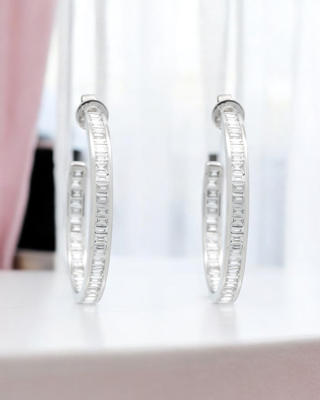 18K GOLD  BAGUETTE  LAB DIAMOND HOOP EARRINGS 2.97 CTW