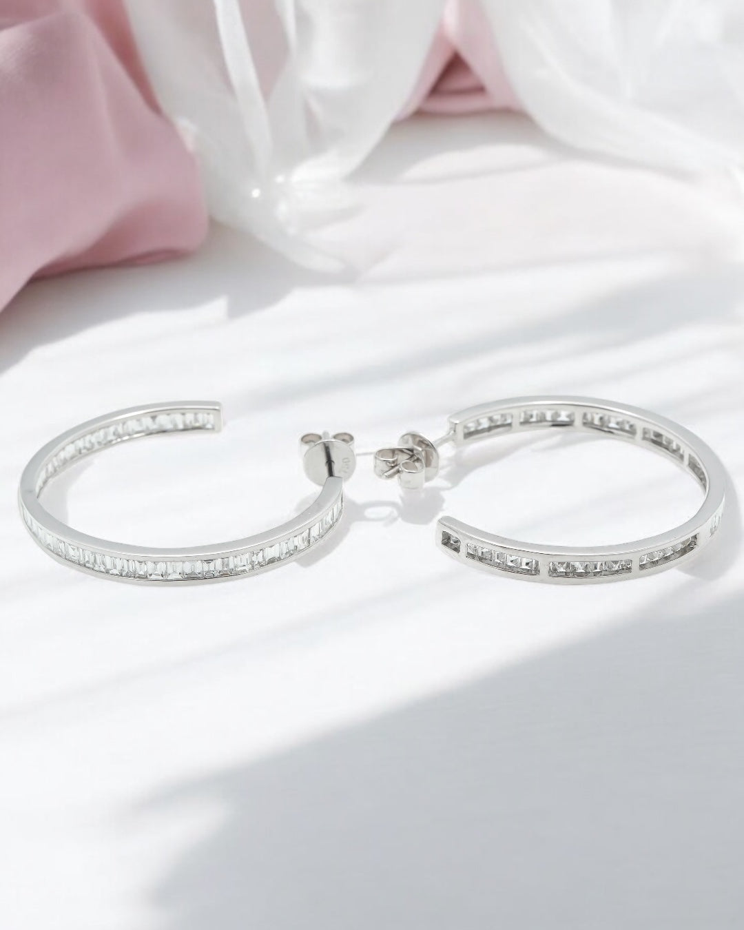 18K GOLD  BAGUETTE  LAB DIAMOND HOOP EARRINGS 2.97 CTW