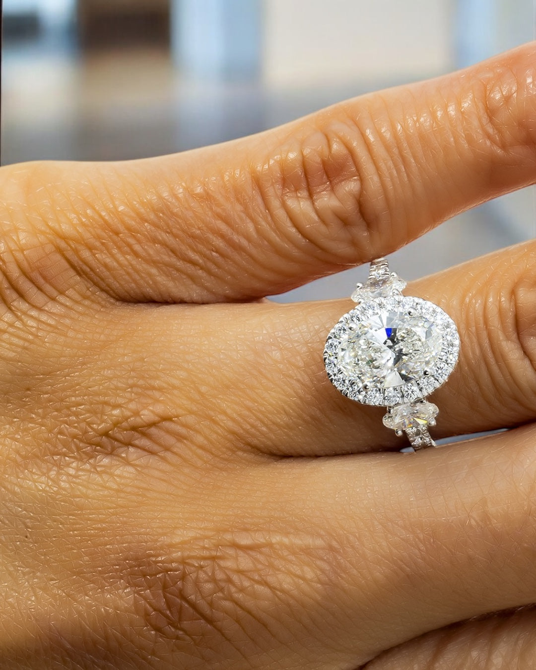 14K GOLD OVAL LAB DIAMOND MULTI STONE ENGAGEMENT RING 3.25 CTW