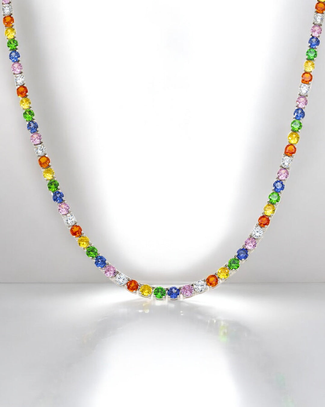 14K GOLD MULTICOLOR CZ SAPPHIRE TENNIS CHAIN 51.04 CTW