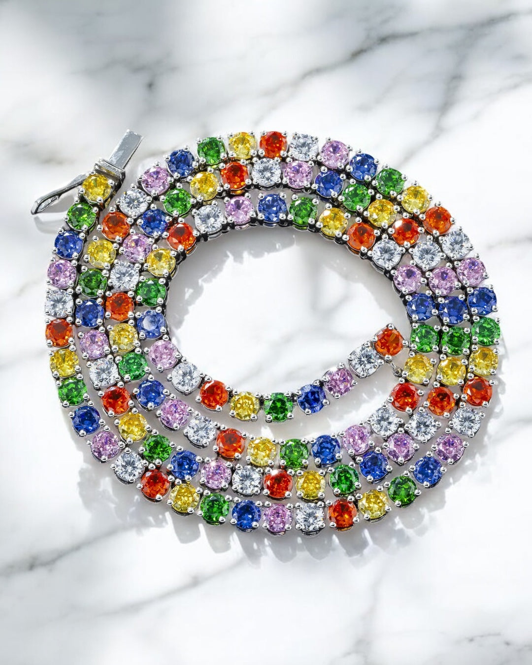 14K GOLD MULTICOLOR CZ SAPPHIRE TENNIS CHAIN 51.04 CTW